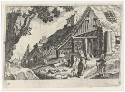 Stadsgezicht met de aanbidding der koningen door Simon Frisius