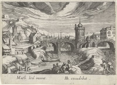 Stadsgezicht met een rivier door Simon Frisius