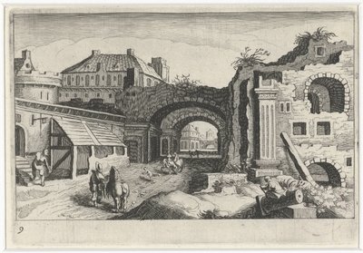 Stadsgezicht met een ruïne door Simon Frisius