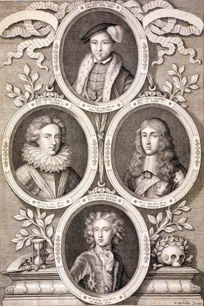 Edward VI, Hendrik en Willem, Hertogen van Gloucester, en Hendrik, Prins van Wales, ca. 1700 door Simon Gribelin