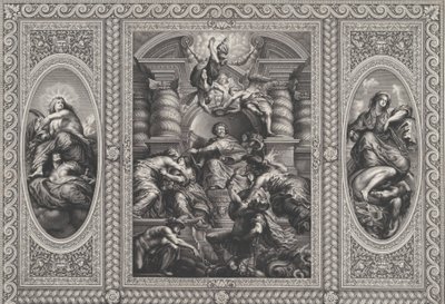 James I benoemt Charles tot Koning van Schotland in het midden, Minerva doorboort Onwetendheid aan de rechterkant, 1720 door Simon Gribelin