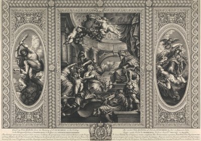 Het plafond van het banketgebouw in Whitehall: De unie van de kronen van Engeland en Schotland door Simon Gribelin