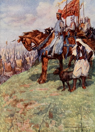 Leeuwenhart zittend te paard, aan zijn zijde de Nubische slaaf, die een jachthond aan de lijn houdt, illustratie uit 
