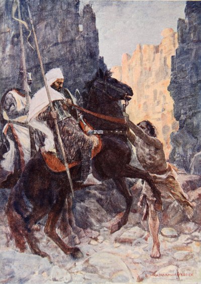 De Schotse ridder Sir Kenneth met de Saraceen, verrast door Hamako terwijl ze reden in de Vallei van de Schaduw des Doods, illustratie voor 