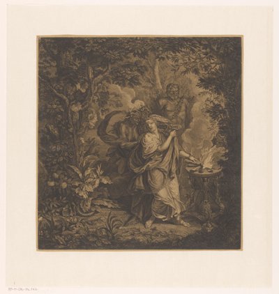 Mythologische scène met een offerende koningin in een bos, mogelijk Althaea, en drie gorgonen door Simon Henri Thomassin