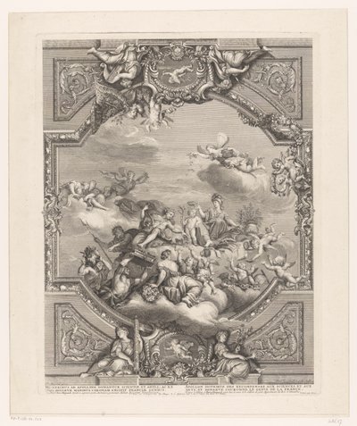 Plafondschildering in Versailles: Apollo deelt beloningen uit aan Kunsten en Wetenschappen, Minerva kroont het genie van Frankrijk door Simon Henri Thomassin