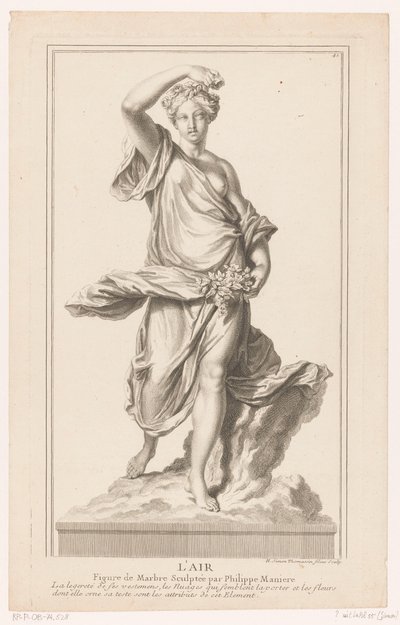 Sculptuur van een jonge vrouw op een wolk met rozen in haar hand door Simon Henri Thomassin