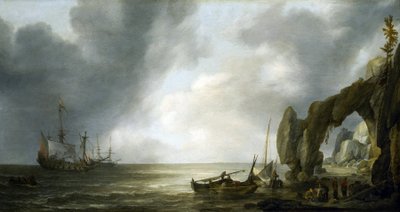 Nederlandse oorlogsschepen voor anker bij een rotsachtige kust, enkele bemanningsleden aan land, verzameld rond vismanden door Simon Jacobsz. Vlieger