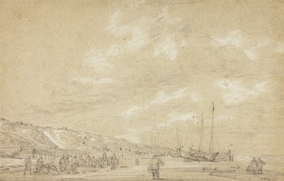 Vissers die netten drogen op het strand van Scheveningen door Simon Jacobsz. Vlieger