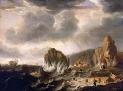 Schipbreuk op een rotsachtige kust door Simon Jacobsz. Vlieger