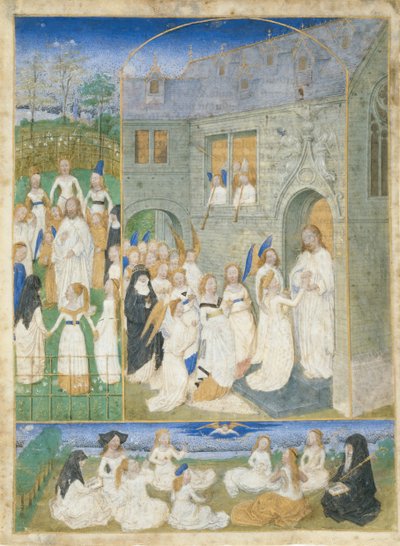 De Heilige Maagden begroet door Christus bij het betreden van de Poorten van het Paradijs, ca. 1467-70 door Simon Marmion