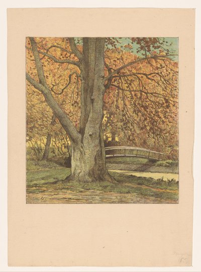 Boom bij beek in de herfst door Simon Moulijn (attributed to)