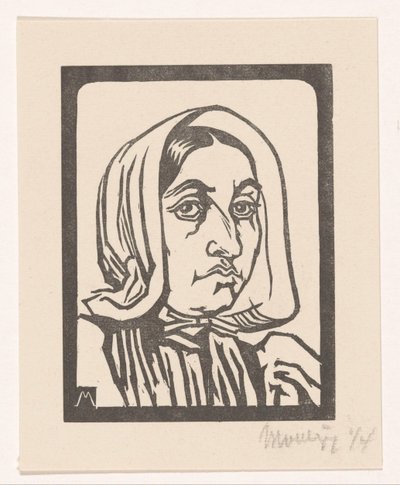 Hoofd van een vrouw met kap door Simon Moulijn (signed by artist)