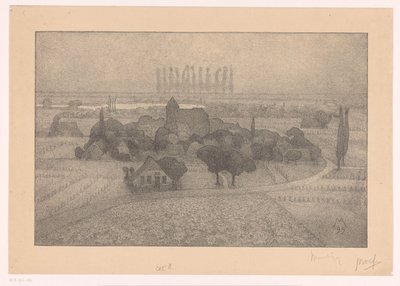 Landschap met dorp bij een rivier door Simon Moulijn (signed by artist)