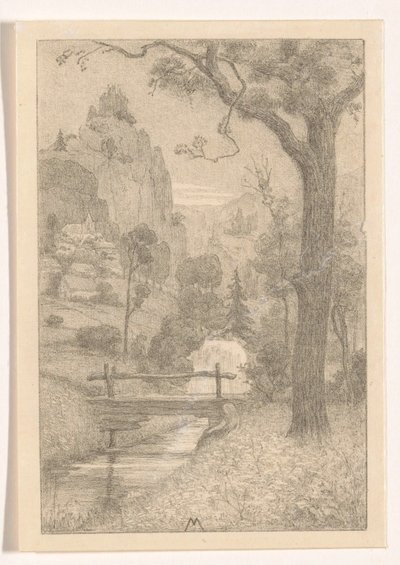 Berglandschap met waterval en brug door Simon Moulijn