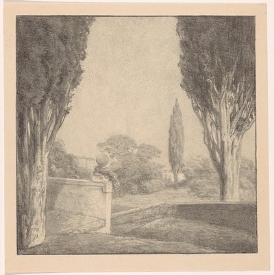 Landschap met muur en cipres door Simon Moulijn