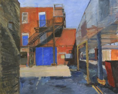 Gebouw met 3 blauwe deuren, 2024 (acryl op doek) door Simon Neville