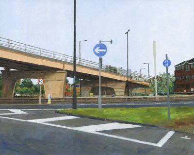 Betonnen viaduct en kruispunt, 2024 (olieverf op doek) door Simon Neville