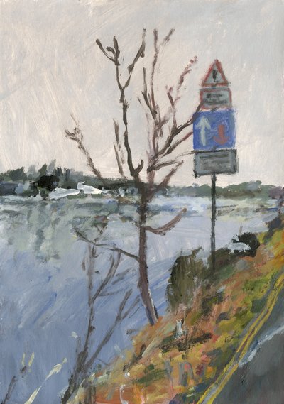 Rivier de Theems met boom en verkeersborden, 2023 door Simon Neville