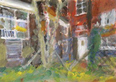 Telefooncentralegebouw met boom en hek, 2023 door Simon Neville