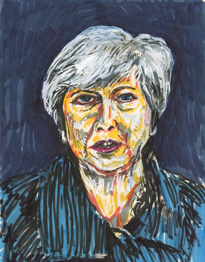 Theresa May, 2019 (inkt en acrylverfstiften op papier) door Simon Neville