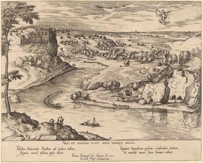 Rivierlandschap met Mercurius en Psyche door Simon Novellanus after Pieter Bruegel the Elder