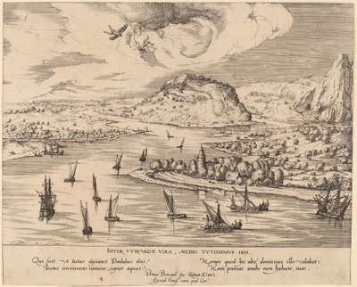 Rivierlandschap met de val van Icarus door Simon Novellanus after Pieter Bruegel the Elder