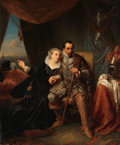 Magdalena Moons smeekt haar verloofde Francisco Valdez om de bestorming van Leiden nog een nacht uit te stellen, 1574 door Simon Opzoomer