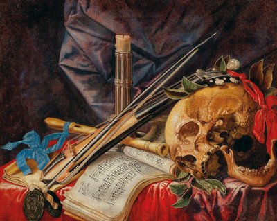 Vanitas stilleven met altviool, klarinet, schedel, partituren en kaars door Simon Renard de Saint Andre