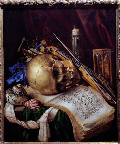 Vanitas Stilleven van schedel, bladmuziek, muziekinstrumenten, schelpen en zandloper. Schilderij door Simon Bernard van Saint Andre (1650) door Simon Renard de Saint Andre