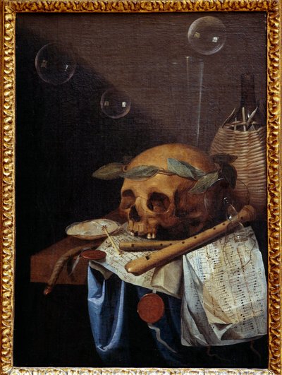 Vanitas stilleven met schedel, lauwerkrans, fluiten, partituur en wijnkan door Simon Renard de Saint Andre