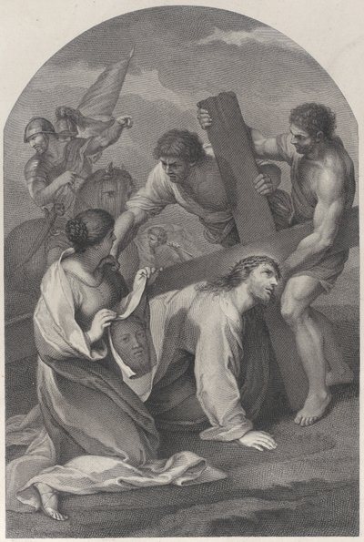 Christus gevallen onder het gewicht van het kruis, met twee mannen die helpen, ca. 1729 door Simon Vallee