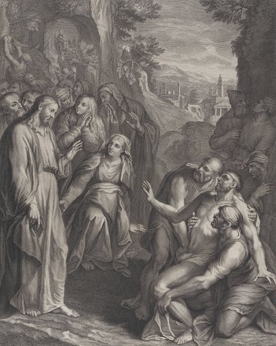 De Opwekking van Lazarus, met Christus staand links door Simon Vallee