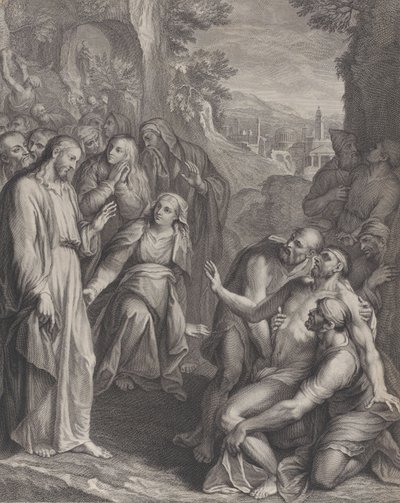 De Opwekking van Lazarus, met Christus staand links door Simon Vallee