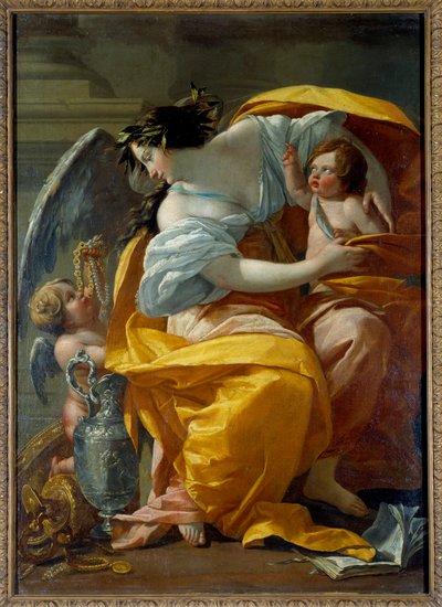 Allegorische voorstelling van rijkdom Een vrouw, symbool van Fortuna en Overvloed, omringd door putti en juwelen door Simon Vouet