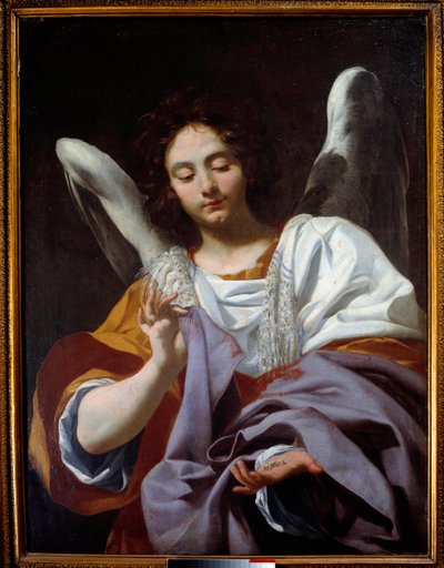 De engel met de tuniek, instrumenten van de Passie door Simon Vouet