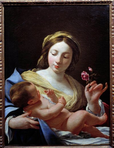 De Maagd een Kind en een Roos Schilderij door Simon Vouet (1590-1649) 1627 Marseille, Musee des Beaux Arts door Simon Vouet