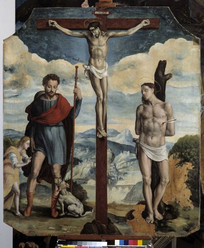 Kruisiging met St. Roch en St. Sebastian door Simon de Châlons