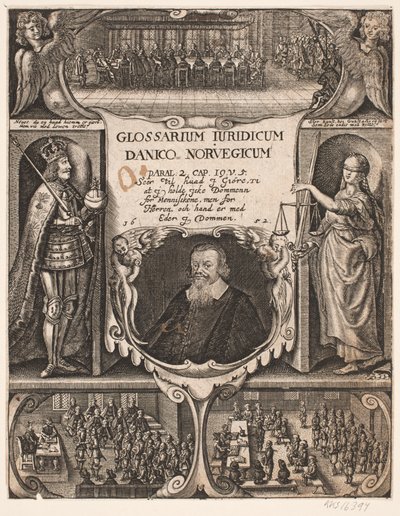 Titelblad met portret van C.O. Veile voor "Glosarium juridicum Danico - Norvegicum", 1652 door Simon de Pas
