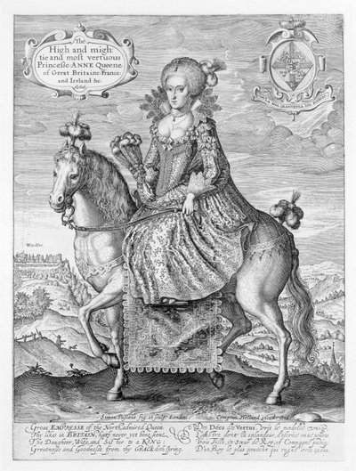 Ruiterportret van Anne van Denemarken (1574-1619) gegraveerd door de kunstenaar, uitgegeven door Compton Holland, 1616 door Simon de Passe