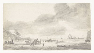 Strandgezicht met schelpenvissers en wandelaars door Simon de Vlieger (possibly)