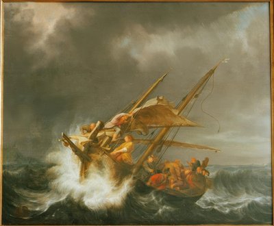 Christus en de discipelen in de storm op zee door Simon de Vlieger