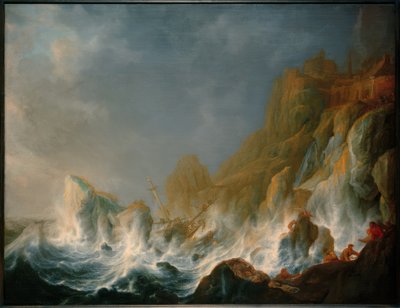 Schipbreuk in een zeestorm aan een rotskust door Simon de Vlieger