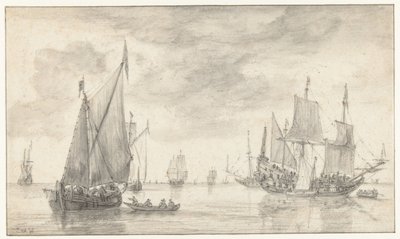 Zeegezicht met verschillende schepen door Simon de Vlieger