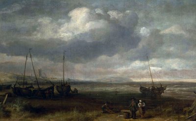 Kust in Scheveningen met vissersboten door Simon de Vlieger