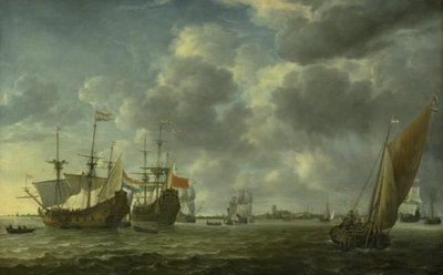 Schepen in de rivier de Maas bij Rotterdam door Simon de Vlieger