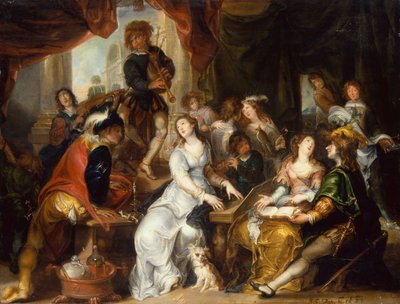 Een Allegorie van de Vijf Zintuigen: Een Vrolijk Gezelschap in een Paleisachtig Interieur door Simon de Vos