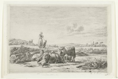 Landschap met herderin en hond bij kudde schapen door Simon van den Berg