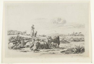 Landschap met herderin en hond bij kudde schapen door Simon van den Berg