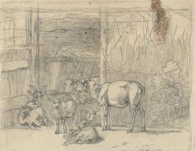 Schapen en een geit voor een stal door Simon van den Berg